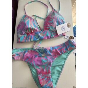 NWT Hurley Wide Band Tri Swim Top & Bottoms Reversible  Multi Color/ Teal Medium